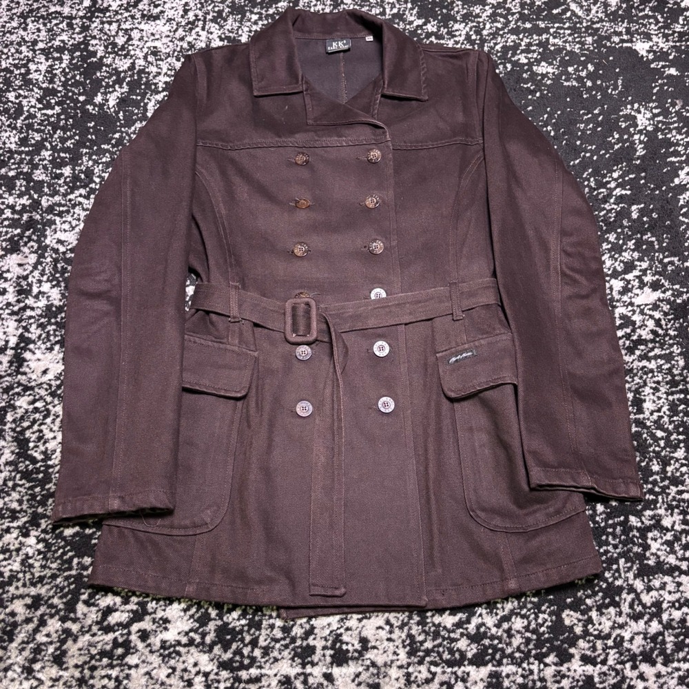 Karl Kani KK2 Brown Double Breasted Belted Trench Coat Jacket Y2K Womens XL